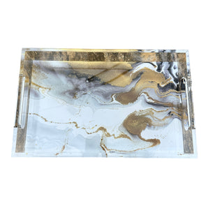 Lucite Large Gold and Gray Marble Tray