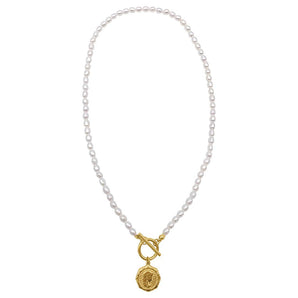 Pearl and Coin Toggle Necklace gold