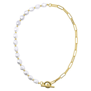 Pearl and Paper Clip Chain Toggle Necklace gold