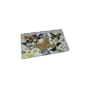 large acrylic tray with multiple butterflies. butterfly motif. bar tray. kitchen tray. drinks tray. lucite tray.