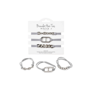 Maya J has it's most popular hair accessory of all time.  Bracelet hair ties! Set of 3. Great girlfriend gift, stocking stuffer, token gift. Tangle free and styleish hair accessory.