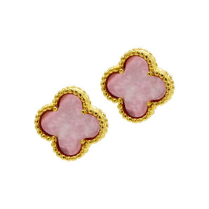 Pink Mother of Pearl Flower Stud Earrings, Gold