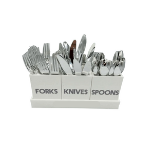 acrylic utensil caddy with cubbies for forks, knives and spoons