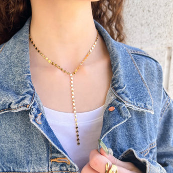 Gold plated water resistant lariat necklace, y necklace, mirror chain