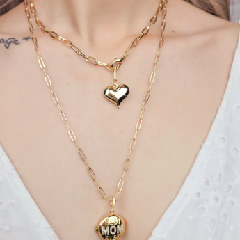 puffy heart necklace with paper link chain