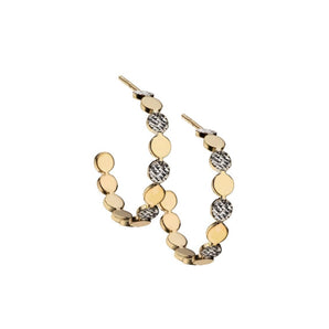 These 1" hoops are 80s-inspired, with their playful beaded silhouette in mixed textured and smooth metals.  Let this pair take center stage, leaving out other earrings, as opposed to stacking multiples.  - Two toned - 14k yellow gold-plated silver - 1" diameter - Approximate thickness: 4.10mm - Approximate weight: 2.70 grams - Post back