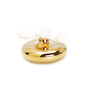 Gold Circular Diffuser with Three White Flowers, Iris & Rose