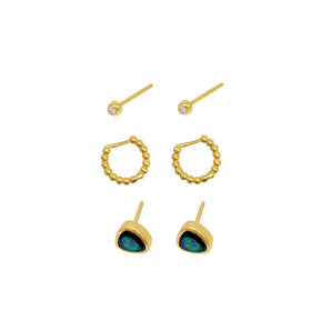 hoop and stud set of earrings. post earrings. gold plated sterling silver earring set