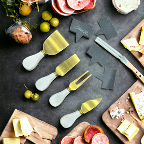 cheese knives. carrera marble with gold blade. cheese knife set