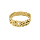 Watch Band Bracelet gold  * 14k yellow gold plated stainless steel  * Does not tarnish or fade in color  * Clasp closure  * 7" length, 10mm wide watch band